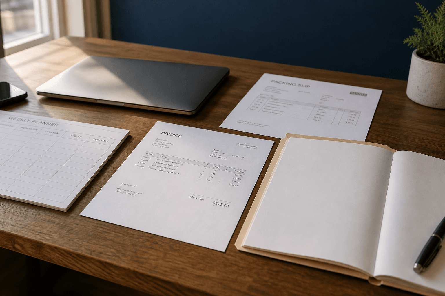 One desk holding a laptop, a planner, an invoice, a packing slip, and a customer folder together.